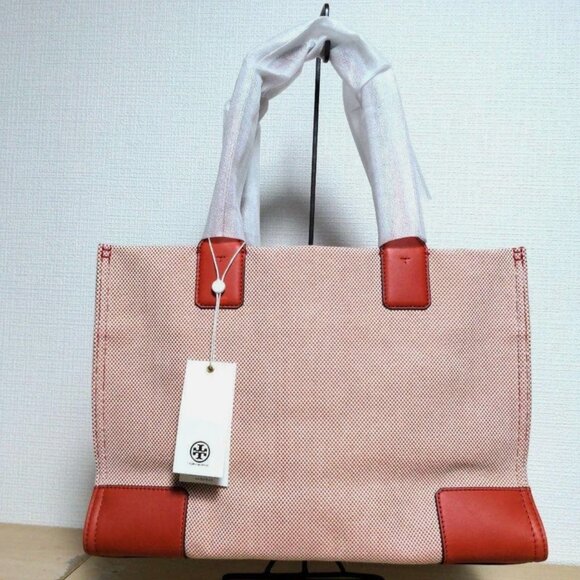 TORY BURCH Handbag Ella Vermilion Canvas x Leather Big Logo Genuine Product - Picture 8 of 11